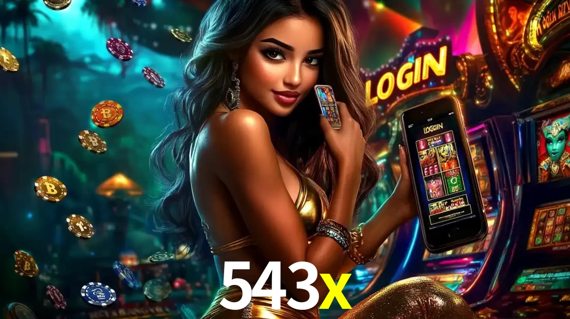 Mulher em um cenário de cassino temático de aventura, mostrando o app de caça-níqueis da 543x no celular. Fichas de apostas flutuam ao redor.