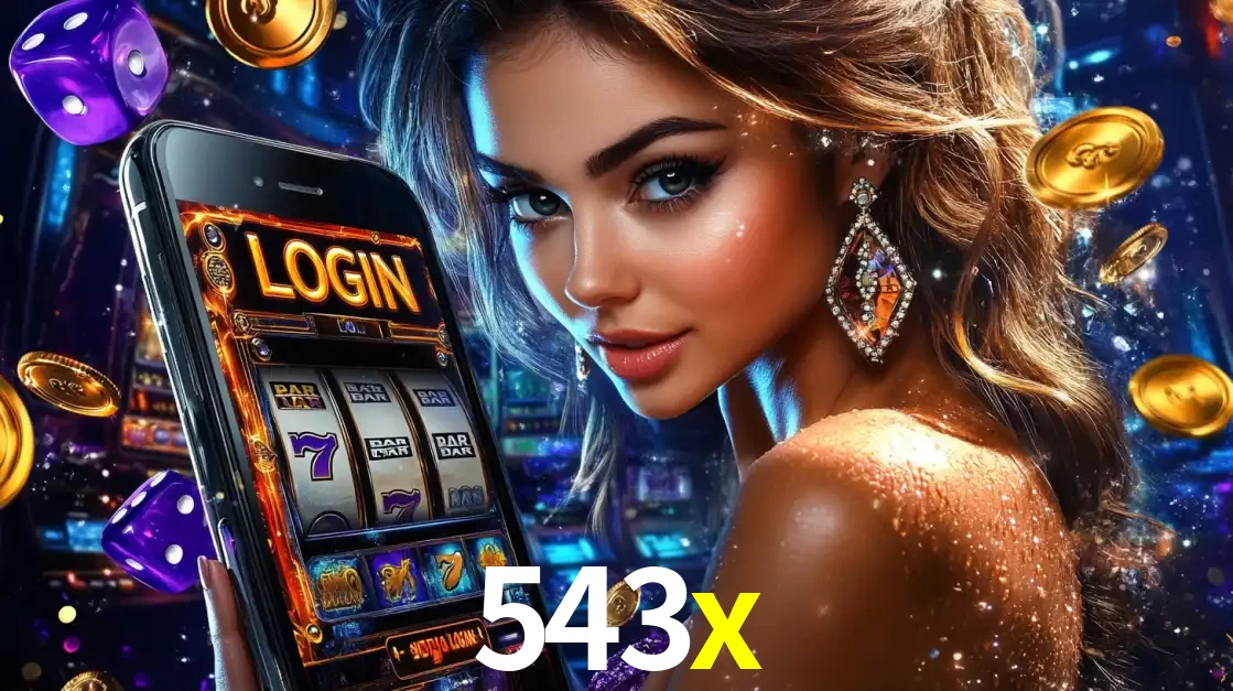 Mulher glamorosa segurando um smartphone com a tela de login para os jogos de caça-níqueis do cassino online 543x, com moedas de ouro e dados ao redor.