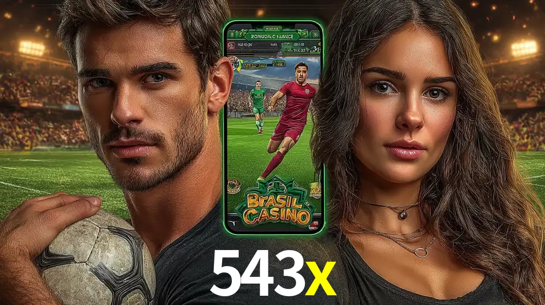 Homem segurando uma bola de futebol e uma mulher ao lado de um smartphone exibindo o jogo de apostas esportivas da 543x. Faça seu palpite no cassino online.